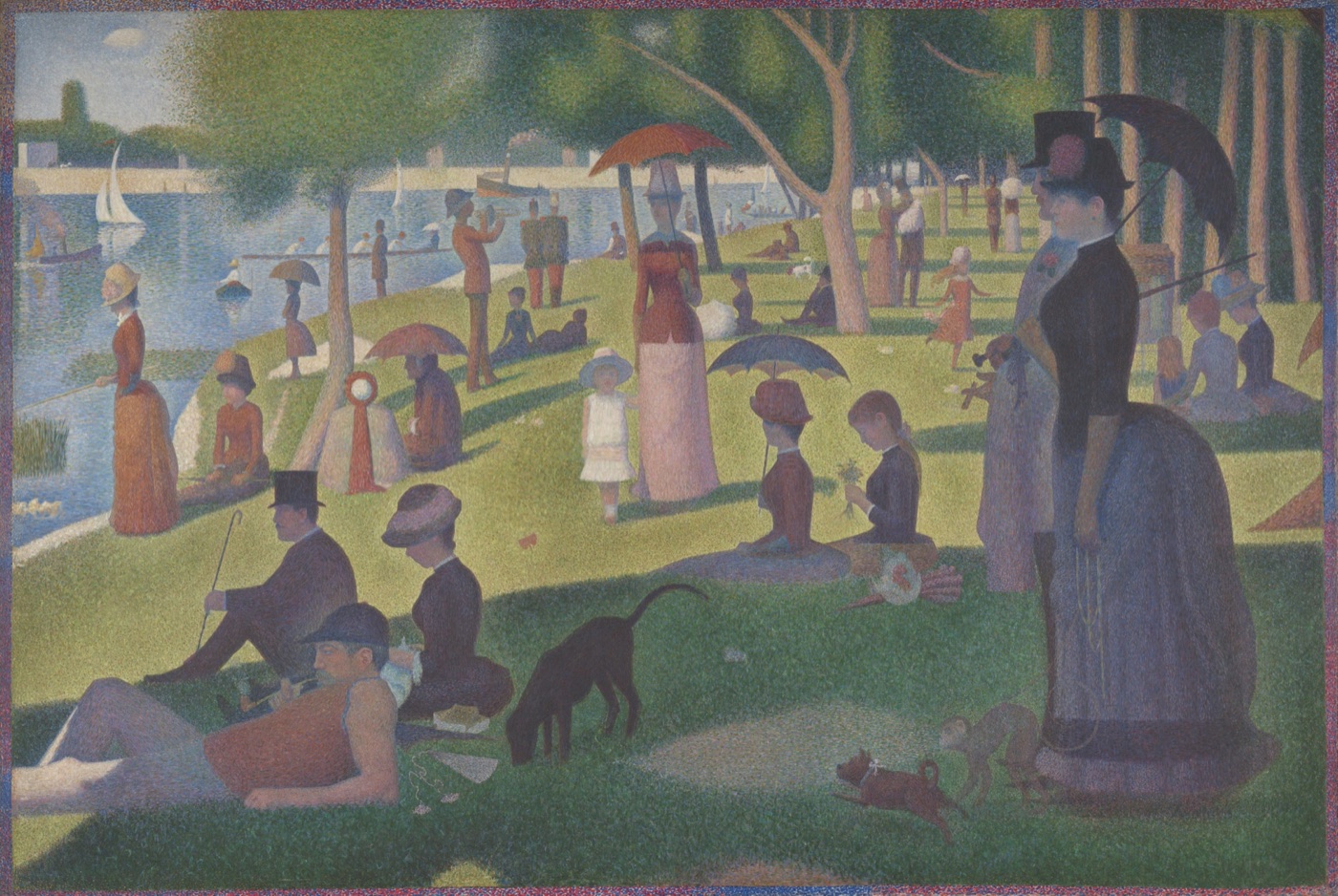 Georges Seurat’s A Sunday on La Grande Jatte: Parisians in bustles, top hats and straw hats rest and stroll on a sunlit riverbank lawn under trees, painted in small dots of pure color inside a painted border of dots.