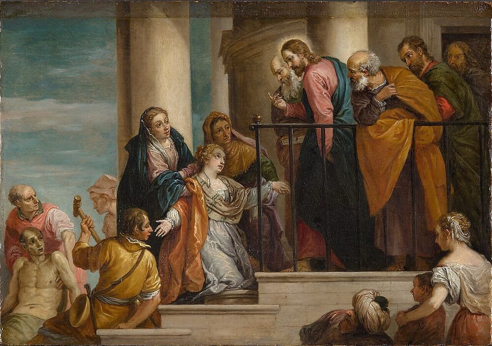A small oil copy of Veronese’s painting: Christ beside a railing between columns, a woman kneeling before him, and a young man raised from a bier at the lower left.