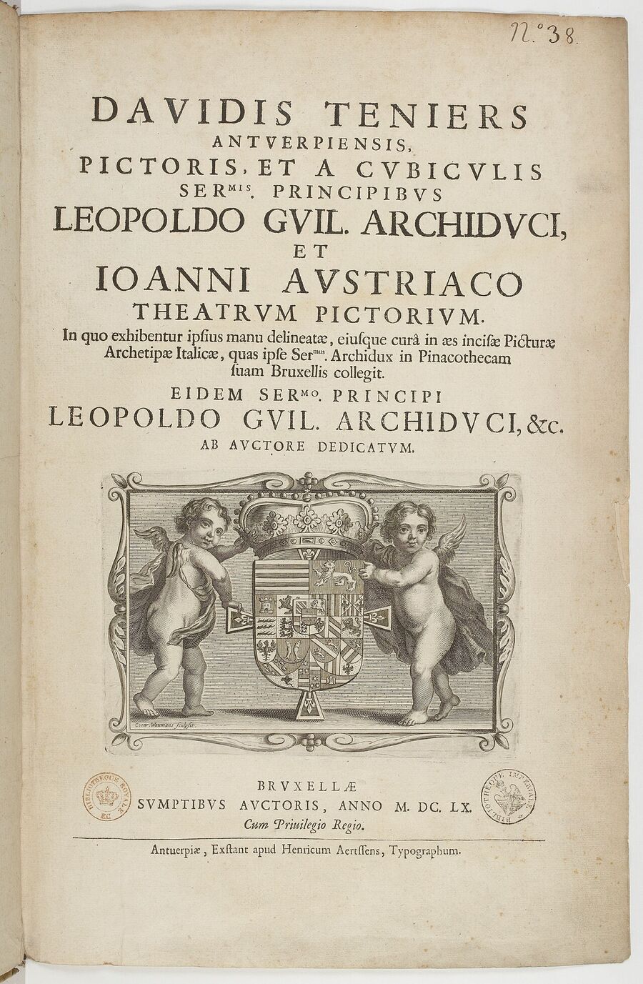An engraved Latin title page, Theatrum Pictorium, with the Archduke’s coat of arms held by two cherubs, dated Brussels 1660.