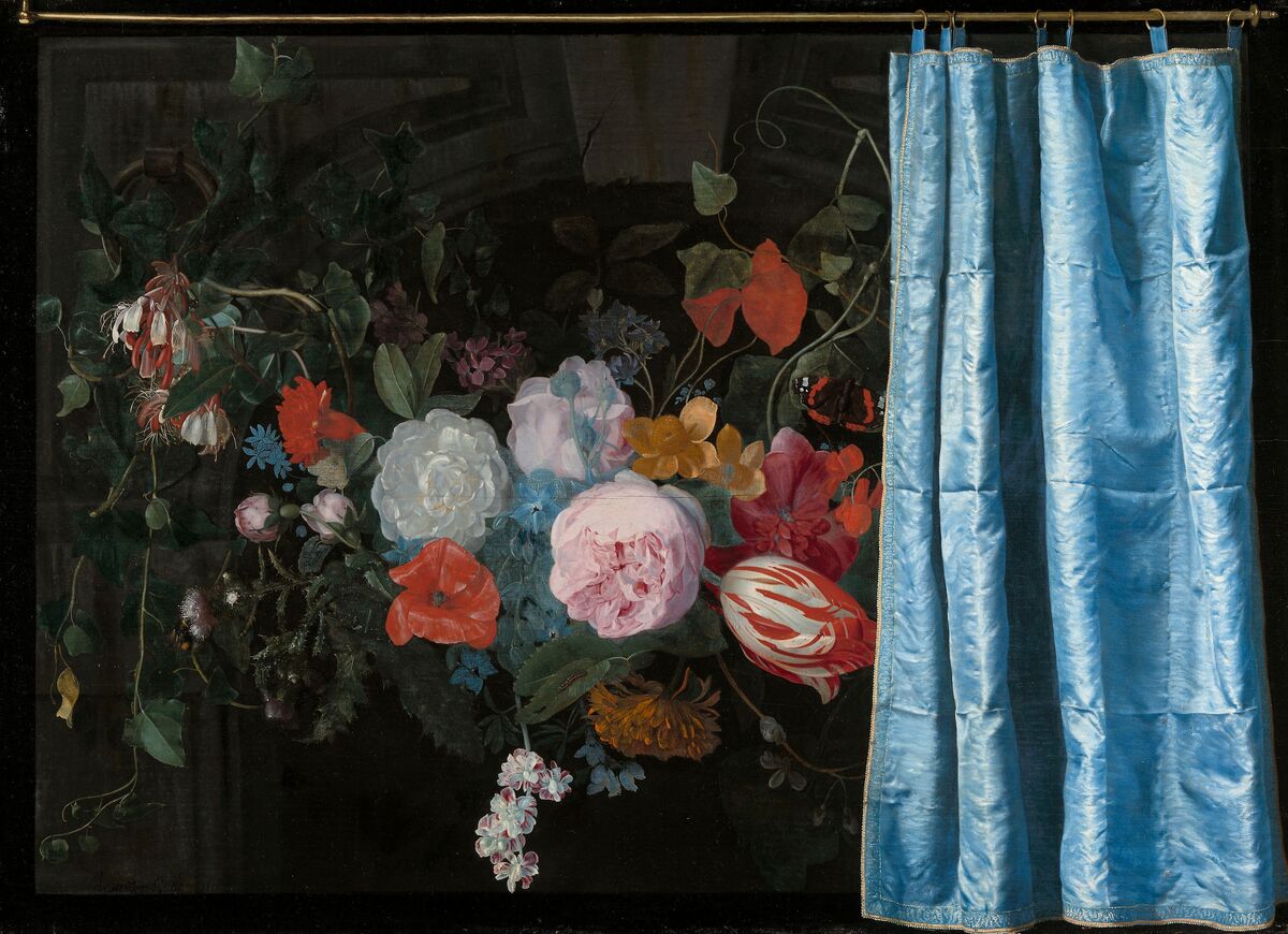 A painting of a garland of roses, tulips and honeysuckle in a dark niche. A blue silk curtain hangs on a brass rod across the right third of the picture.