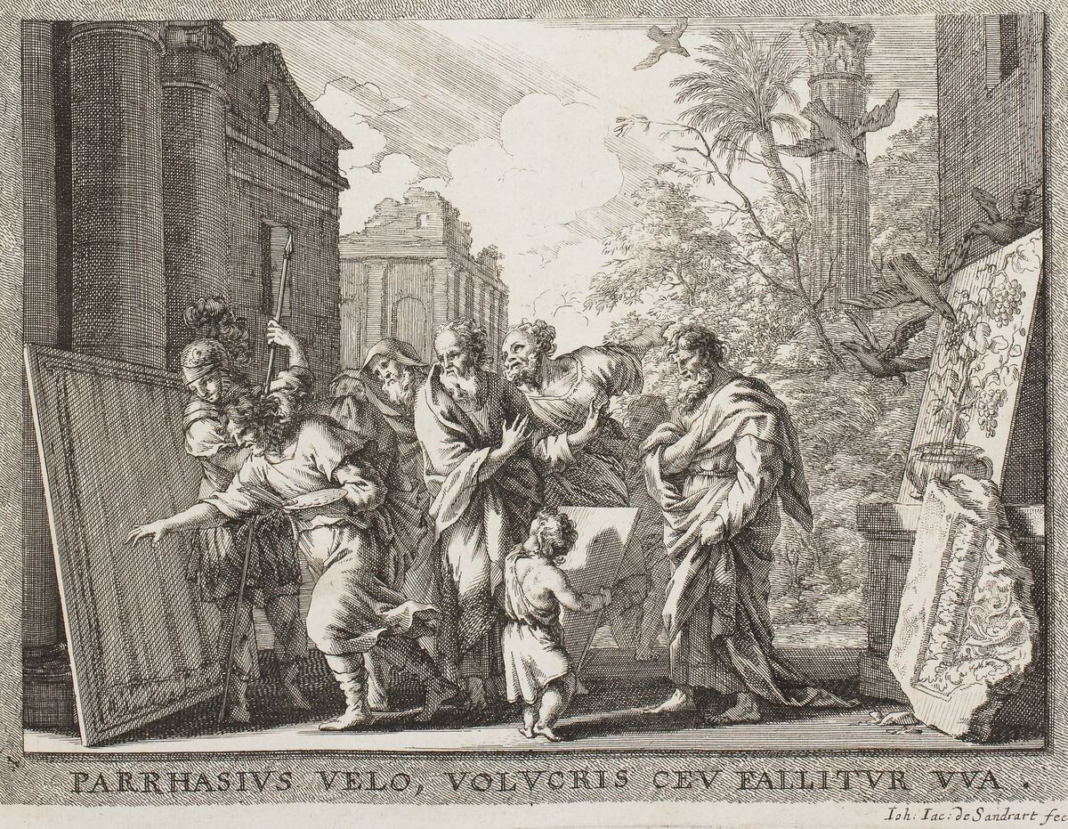 An engraving of a crowd in a ruined classical courtyard. On the right, birds swoop at a panel painted with grapes. On the left, a man reaches for the cloth over another panel. The caption reads Parrhasius velo, volucris ceu fallitur uva.