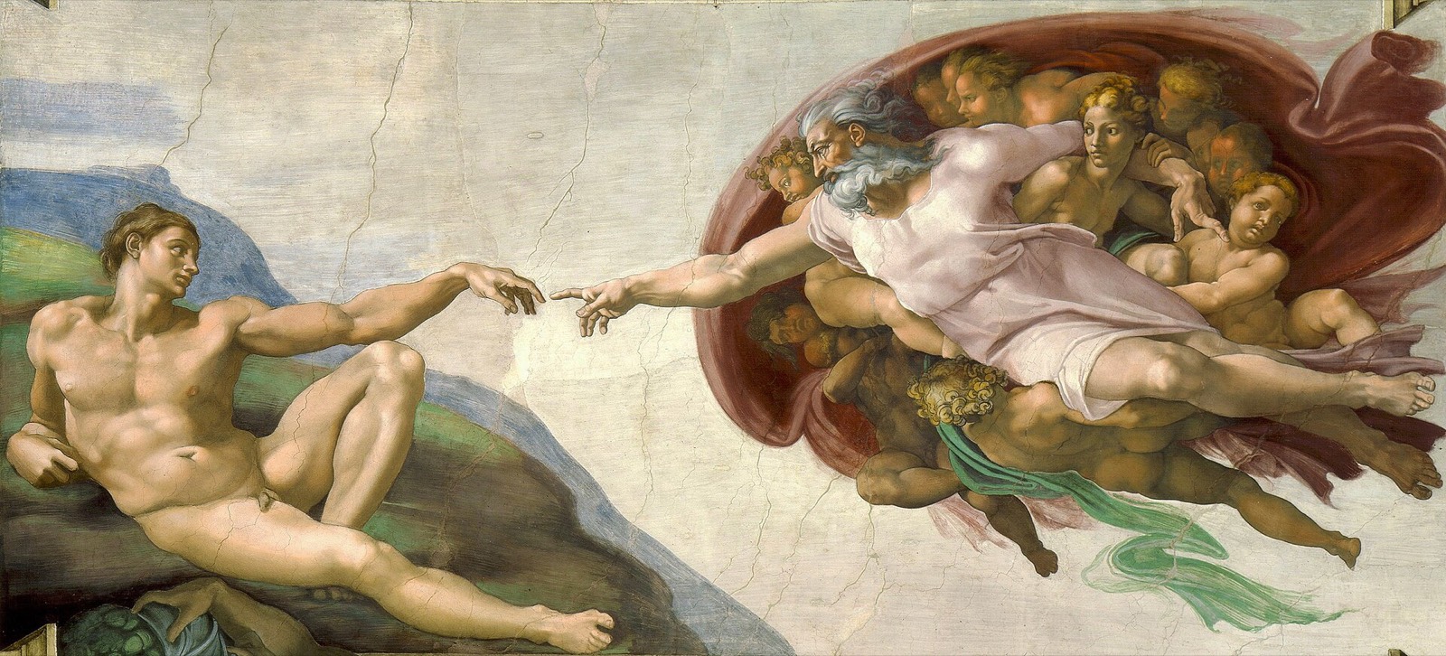Michelangelo’s fresco of the Creation of Adam: God reaches out a finger toward the hand of the reclining Adam.