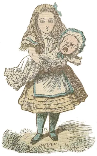 Alice in a yellow and white dress holding the Duchess’s crying baby.