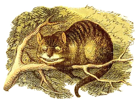 The Cheshire Cat lying along a branch, grinning.