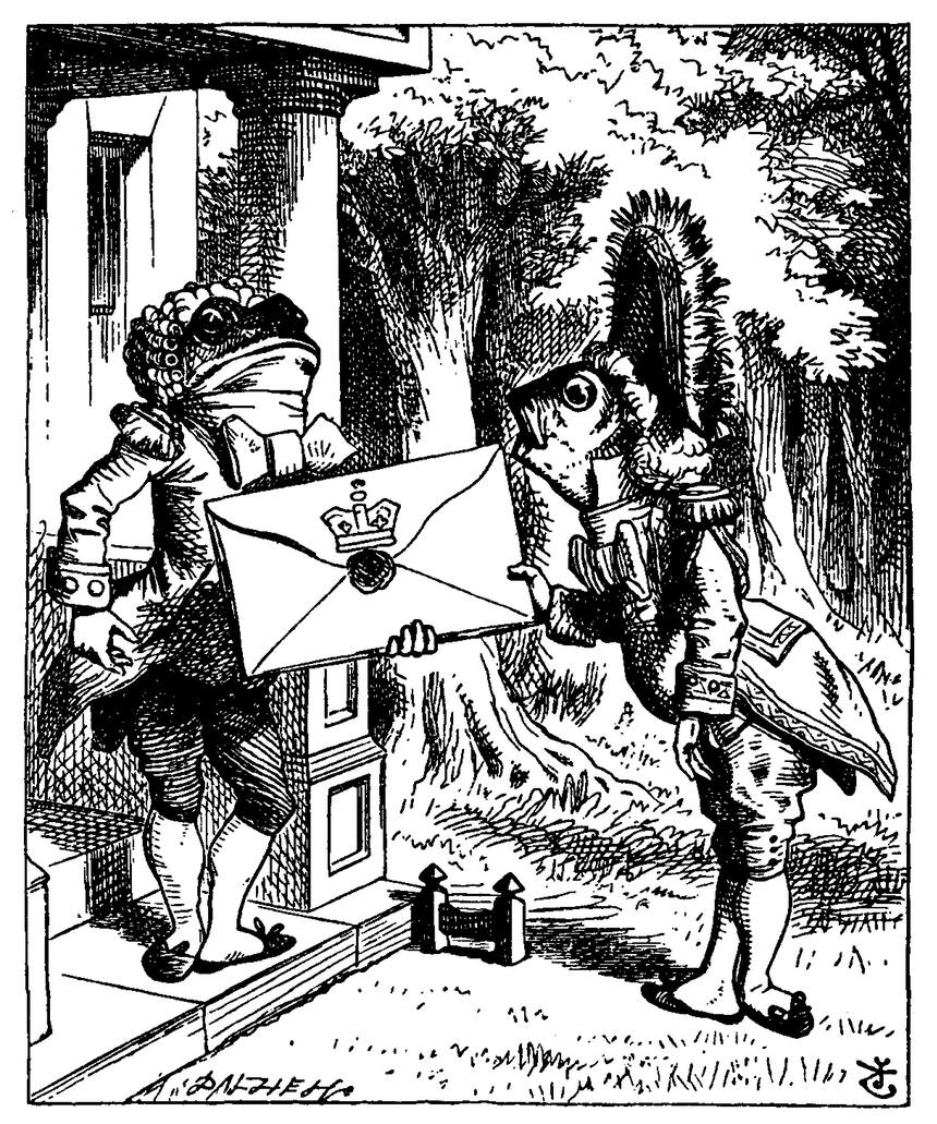 A wood engraving: a footman with a fish’s head hands an enormous sealed envelope, stamped with a crown, to a footman with a frog’s head at a cottage door.